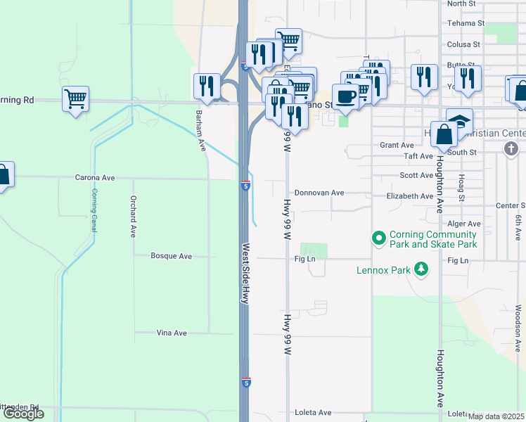 map of restaurants, bars, coffee shops, grocery stores, and more near Corona Avenue in Corning