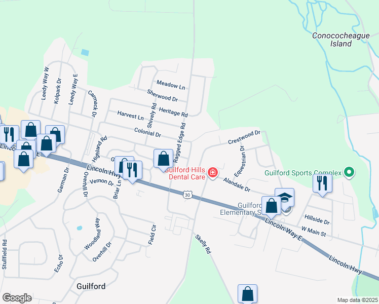 map of restaurants, bars, coffee shops, grocery stores, and more near 786 Alandale Drive in Guilford