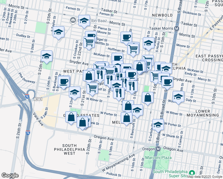 map of restaurants, bars, coffee shops, grocery stores, and more near 1843 Wolf St in Philadelphia