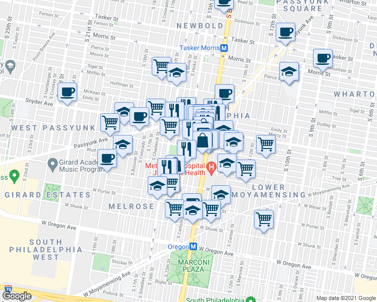 map of restaurants, bars, coffee shops, grocery stores, and more near 2209 South 15th Street in Philadelphia