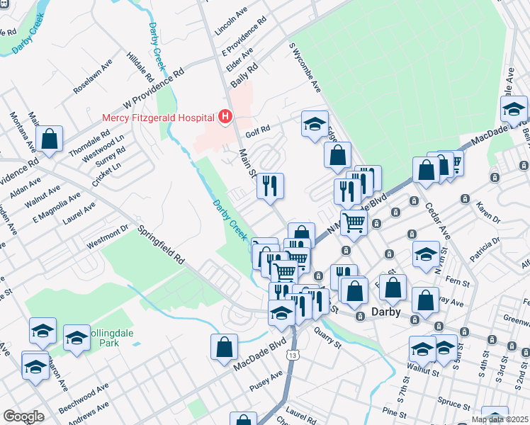 map of restaurants, bars, coffee shops, grocery stores, and more near 2 South 13th Street in Darby