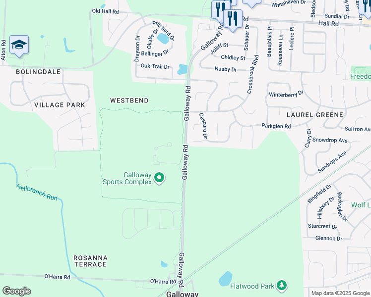 map of restaurants, bars, coffee shops, grocery stores, and more near 1326 Galloway Road in Galloway