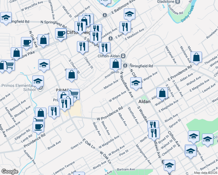 map of restaurants, bars, coffee shops, grocery stores, and more near 145 Shisler Avenue in Aldan