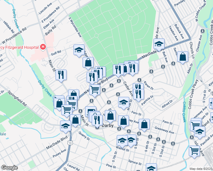 map of restaurants, bars, coffee shops, grocery stores, and more near 205 North 10th Street in Darby