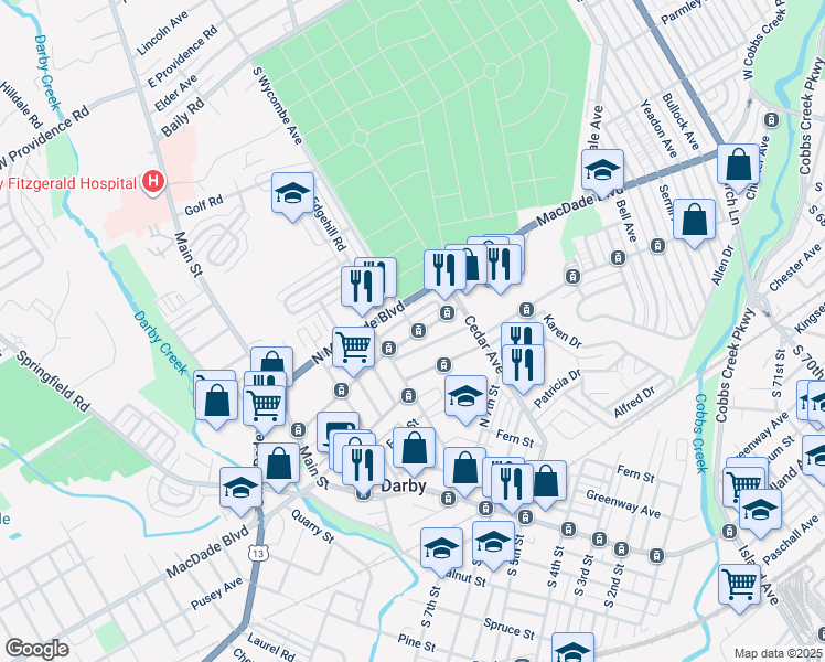 map of restaurants, bars, coffee shops, grocery stores, and more near 231 North 10th Street in Darby