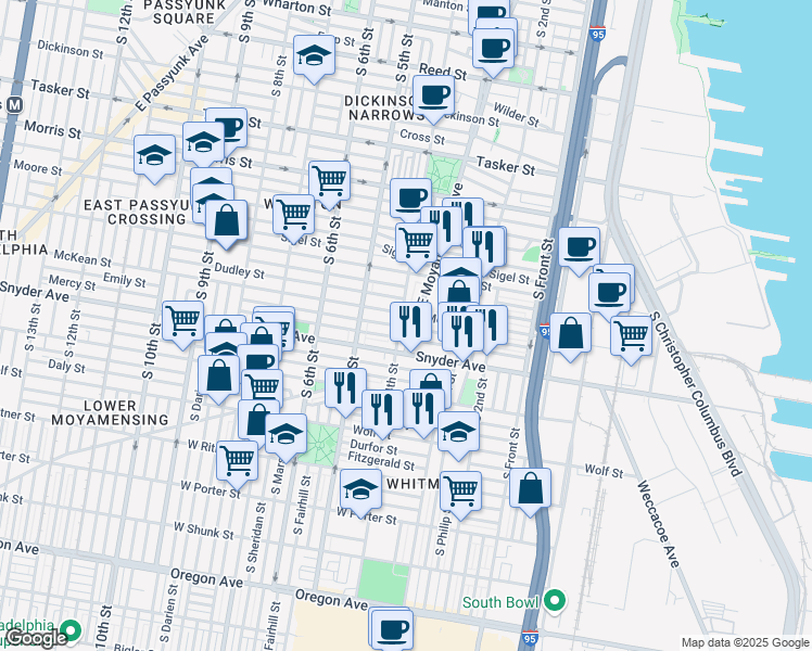 map of restaurants, bars, coffee shops, grocery stores, and more near 2013 South 4th Street in Philadelphia