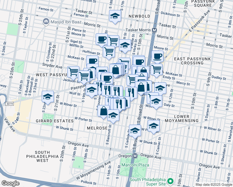 map of restaurants, bars, coffee shops, grocery stores, and more near 2221 South Bancroft Street in Philadelphia