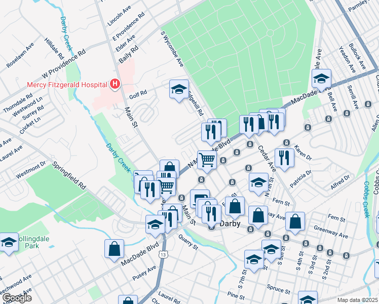 map of restaurants, bars, coffee shops, grocery stores, and more near 1127 Kenwood Road in Darby