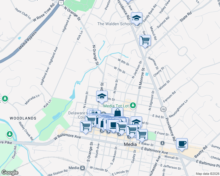 map of restaurants, bars, coffee shops, grocery stores, and more near 422 North Olive Street in Media
