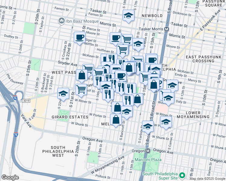 map of restaurants, bars, coffee shops, grocery stores, and more near 1712 Wolf Street in Philadelphia