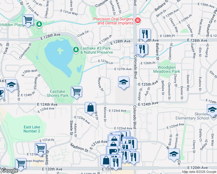 map of restaurants, bars, coffee shops, grocery stores, and more near 12487 Madison Way in Thornton