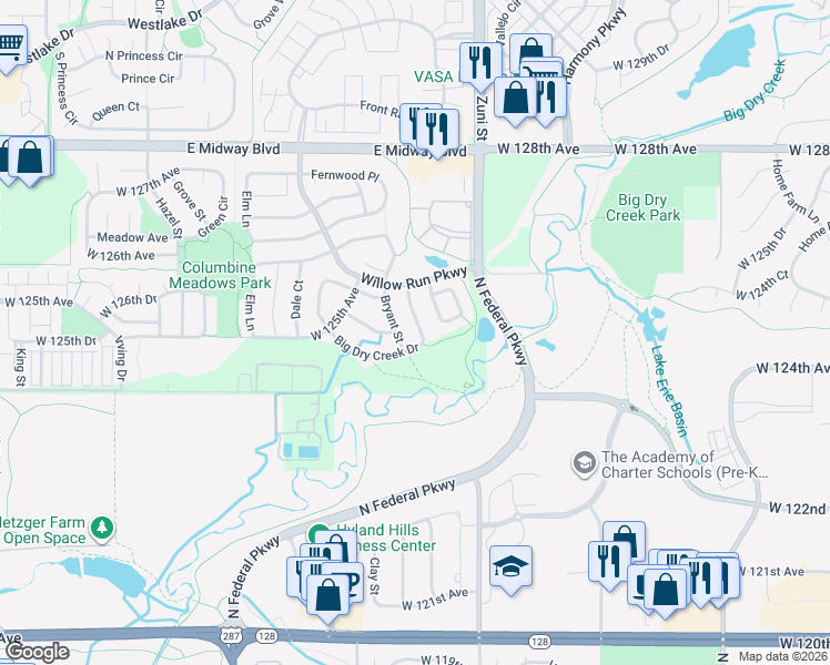 map of restaurants, bars, coffee shops, grocery stores, and more near 12492 Bryant Street in Broomfield