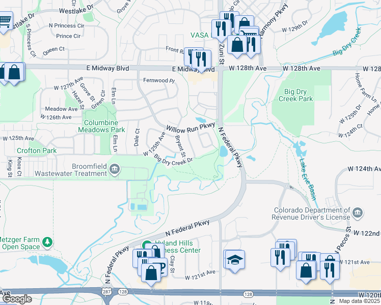 map of restaurants, bars, coffee shops, grocery stores, and more near 12492 Bryant Street in Broomfield