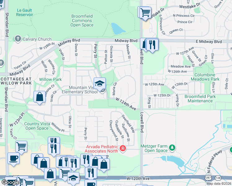 map of restaurants, bars, coffee shops, grocery stores, and more near 12411 Newton Street in Broomfield