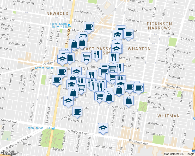 map of restaurants, bars, coffee shops, grocery stores, and more near 1011 Jackson Street in Philadelphia
