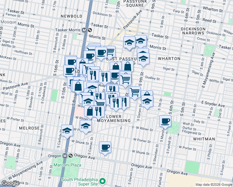 map of restaurants, bars, coffee shops, grocery stores, and more near 1121 Jackson Street in Philadelphia