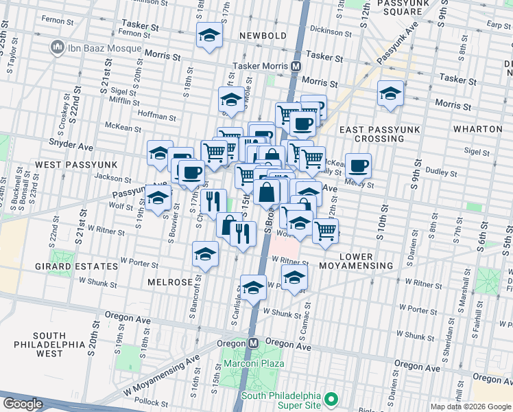 map of restaurants, bars, coffee shops, grocery stores, and more near 2232 South Rosewood Street in Philadelphia
