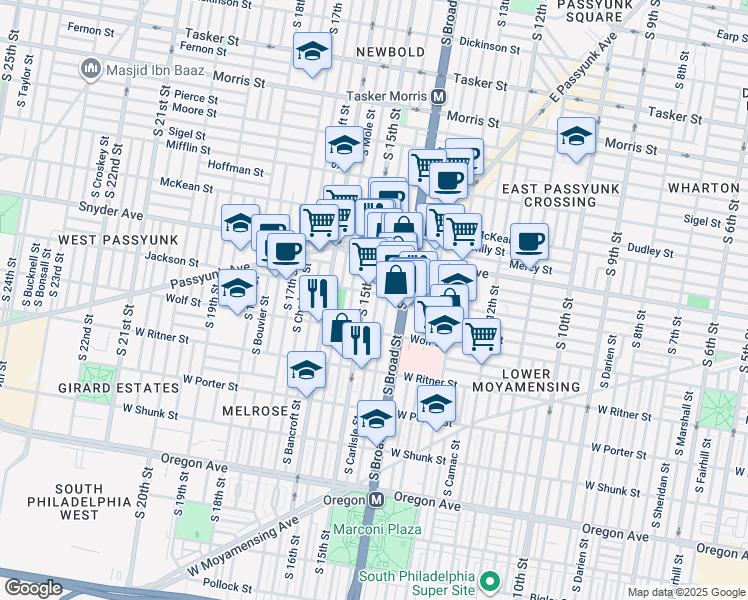 map of restaurants, bars, coffee shops, grocery stores, and more near 2232 South Rosewood Street in Philadelphia