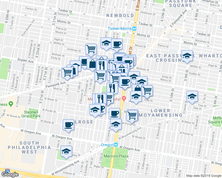 map of restaurants, bars, coffee shops, grocery stores, and more near 2242 South Hicks Street in Philadelphia