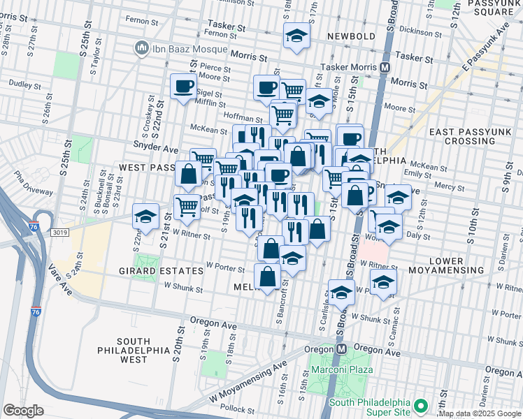 map of restaurants, bars, coffee shops, grocery stores, and more near 1712 Wolf Street in Philadelphia