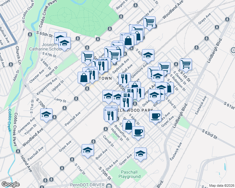 map of restaurants, bars, coffee shops, grocery stores, and more near 6540 Grays Avenue in Philadelphia