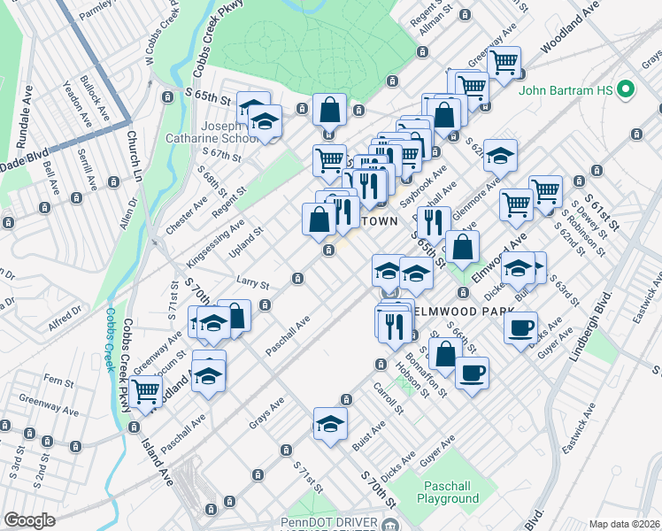 map of restaurants, bars, coffee shops, grocery stores, and more near 2235 Hobson Street in Philadelphia