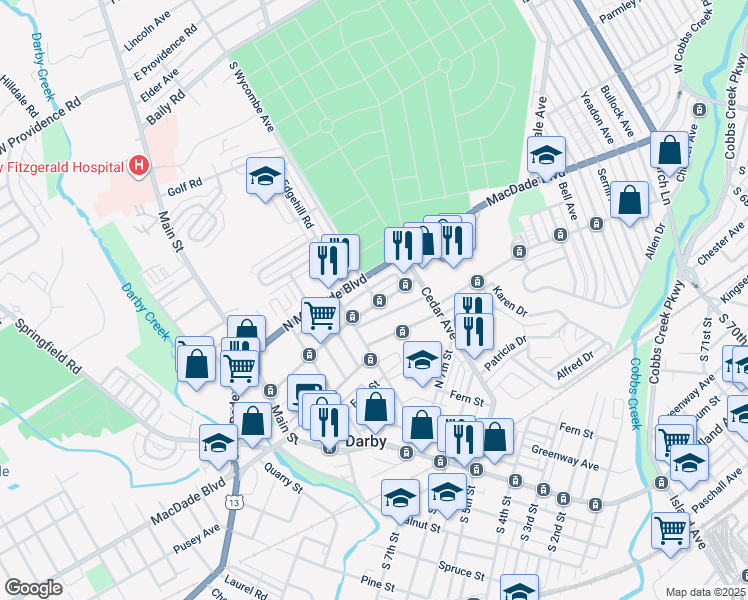 map of restaurants, bars, coffee shops, grocery stores, and more near 231 North 10th Street in Darby