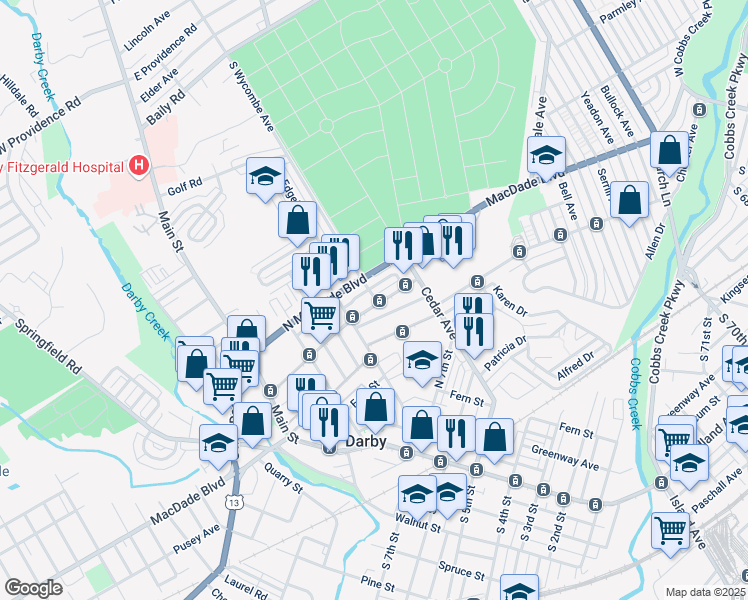 map of restaurants, bars, coffee shops, grocery stores, and more near 232 Marks Avenue in Darby