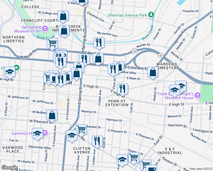 map of restaurants, bars, coffee shops, grocery stores, and more near 409 East High Street in Springfield