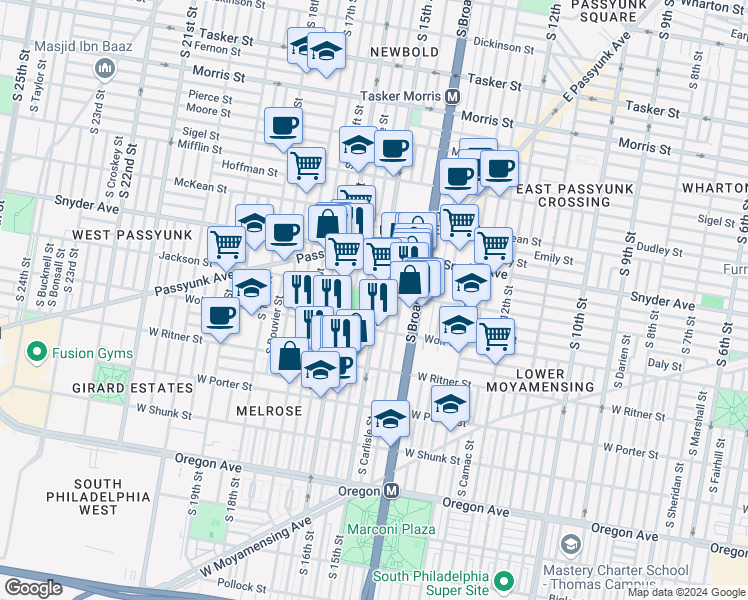 map of restaurants, bars, coffee shops, grocery stores, and more near 2208 South 15th Street in Philadelphia