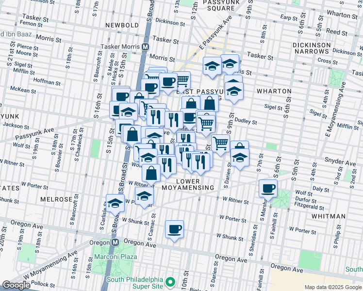 map of restaurants, bars, coffee shops, grocery stores, and more near 1127 Winton Street in Philadelphia