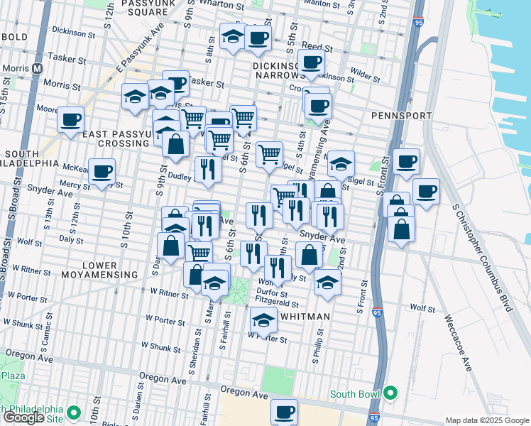 map of restaurants, bars, coffee shops, grocery stores, and more near 2019 South 5th Street in Philadelphia