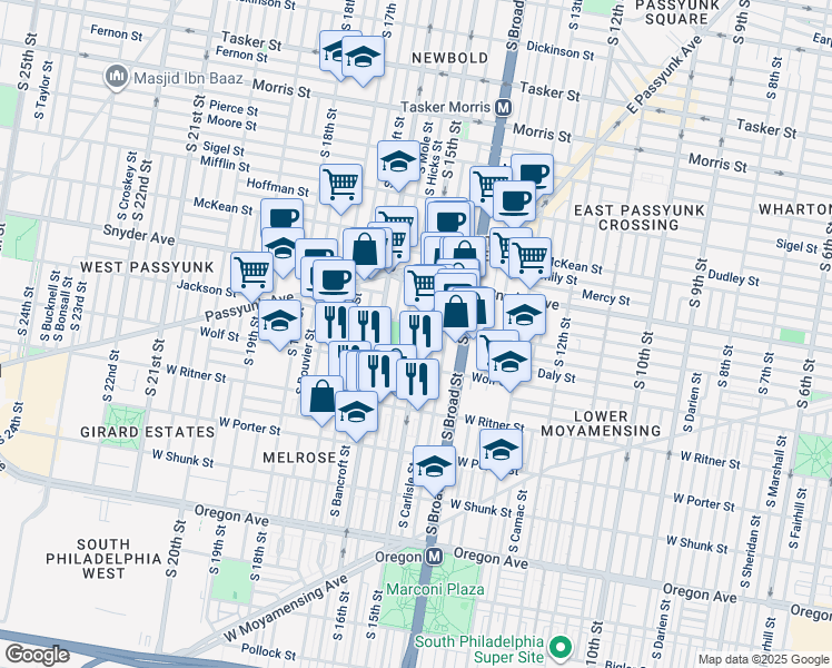 map of restaurants, bars, coffee shops, grocery stores, and more near 2208 South 15th Street in Philadelphia