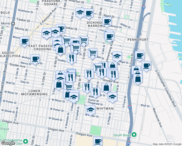 map of restaurants, bars, coffee shops, grocery stores, and more near 2019 South 5th Street in Philadelphia
