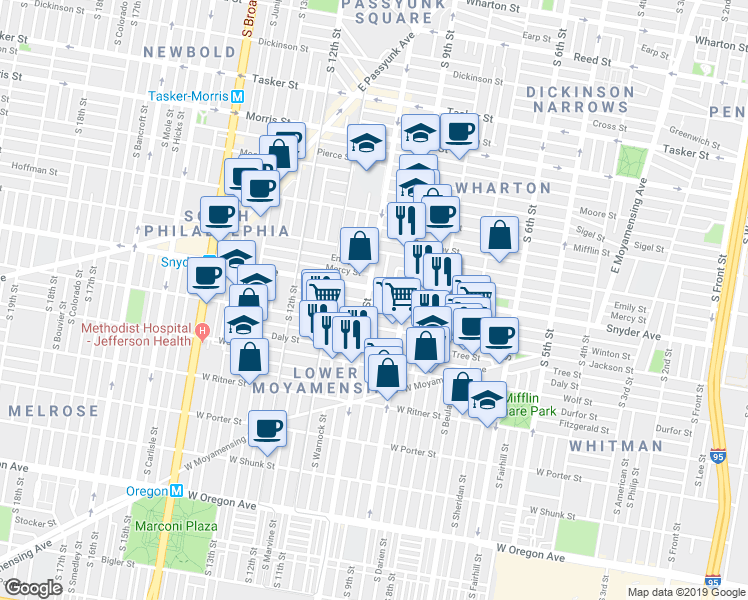 map of restaurants, bars, coffee shops, grocery stores, and more near 949 Cantrell Street in Philadelphia