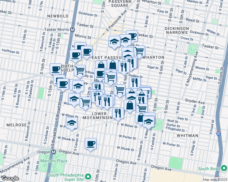 map of restaurants, bars, coffee shops, grocery stores, and more near 949 Cantrell Street in Philadelphia