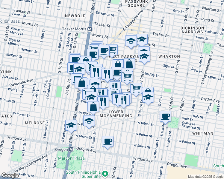 map of restaurants, bars, coffee shops, grocery stores, and more near 1127 Winton Street in Philadelphia