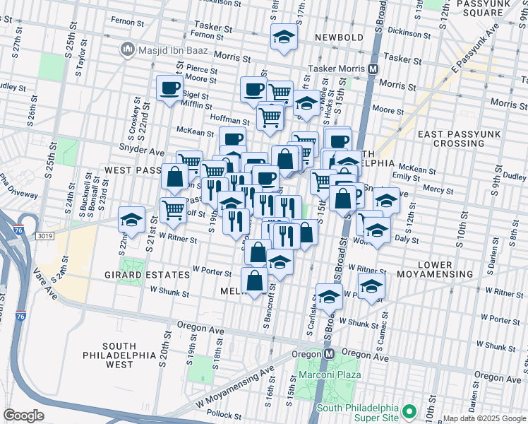 map of restaurants, bars, coffee shops, grocery stores, and more near 2228 South 17th Street in Philadelphia