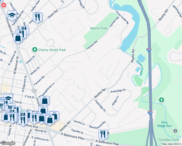 map of restaurants, bars, coffee shops, grocery stores, and more near 918 Winding Lane in Media