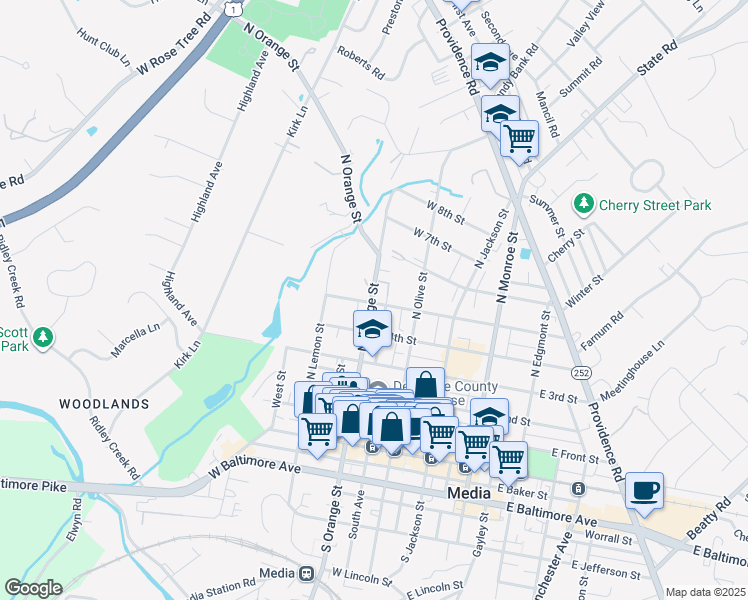map of restaurants, bars, coffee shops, grocery stores, and more near 419 North Orange Street in Media