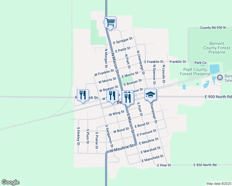 map of restaurants, bars, coffee shops, grocery stores, and more near 148 West Bodman Street in Bement