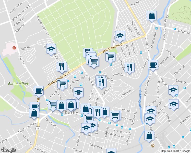 map of restaurants, bars, coffee shops, grocery stores, and more near 118 Chester Avenue in Yeadon