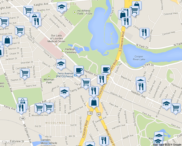 map of restaurants, bars, coffee shops, grocery stores, and more near 1861 Haddon Ave in Camden