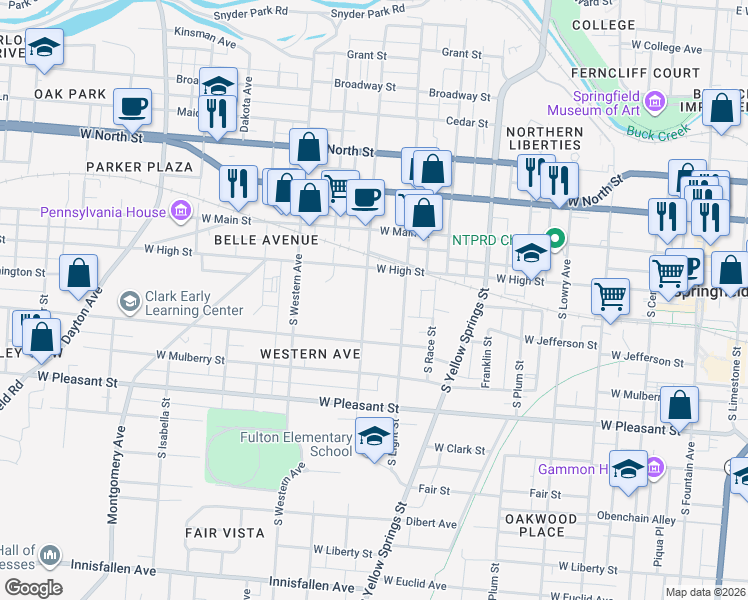 map of restaurants, bars, coffee shops, grocery stores, and more near 202 South Shaffer Street in Springfield