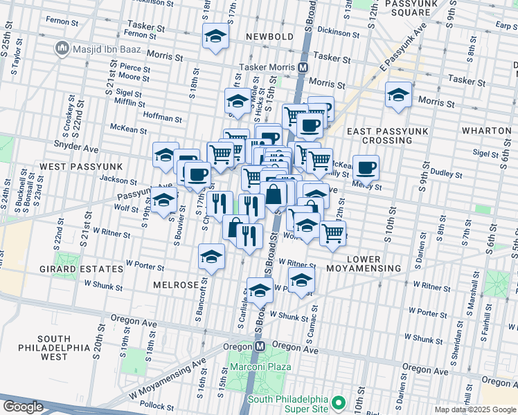 map of restaurants, bars, coffee shops, grocery stores, and more near 1428 Jackson Street in Philadelphia