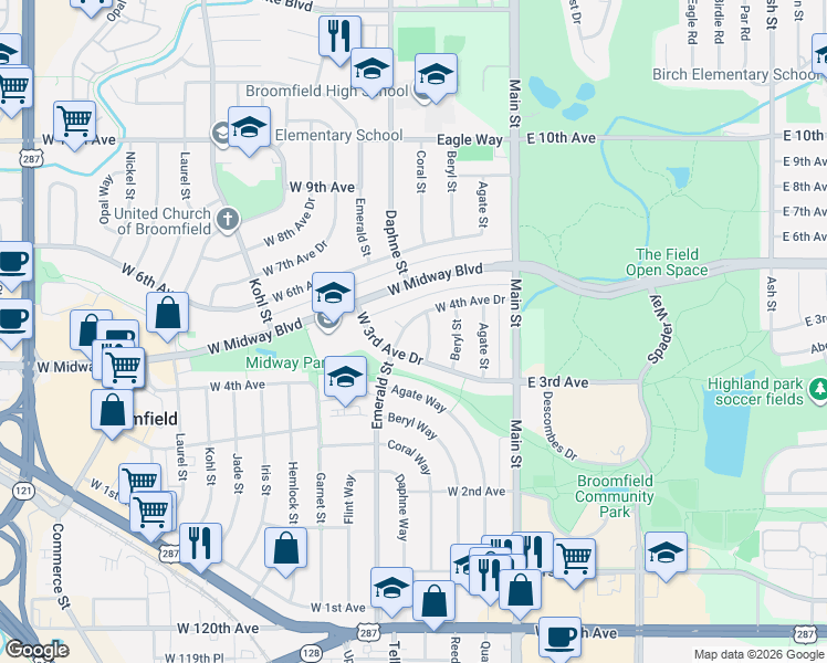 map of restaurants, bars, coffee shops, grocery stores, and more near 440 West 4th Avenue Drive in Broomfield