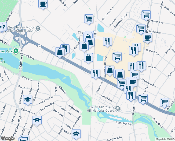 map of restaurants, bars, coffee shops, grocery stores, and more near 2230 Marlton Pike West in Cherry Hill