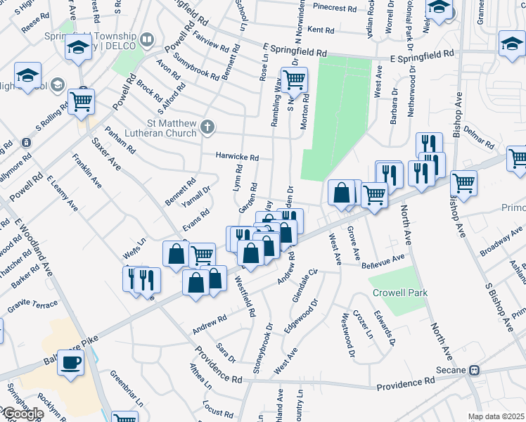 map of restaurants, bars, coffee shops, grocery stores, and more near 314 Rambling Way in Springfield