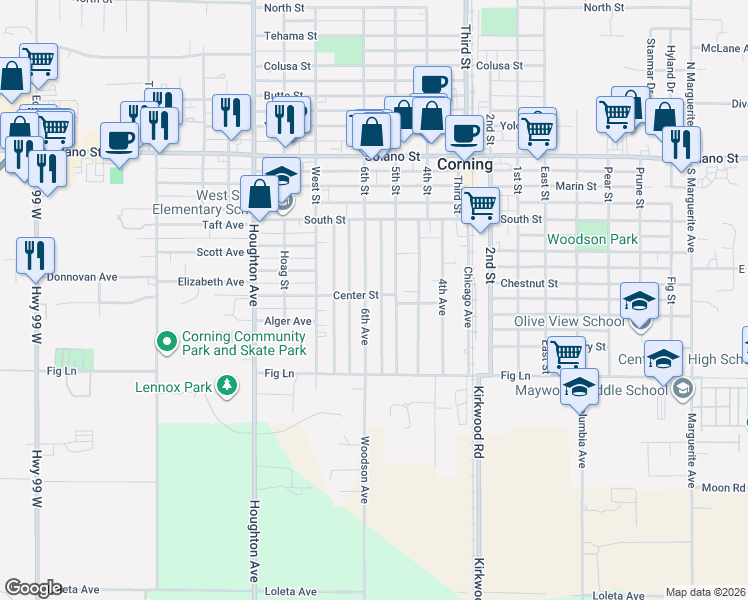 map of restaurants, bars, coffee shops, grocery stores, and more near 1311 6th Avenue in Corning
