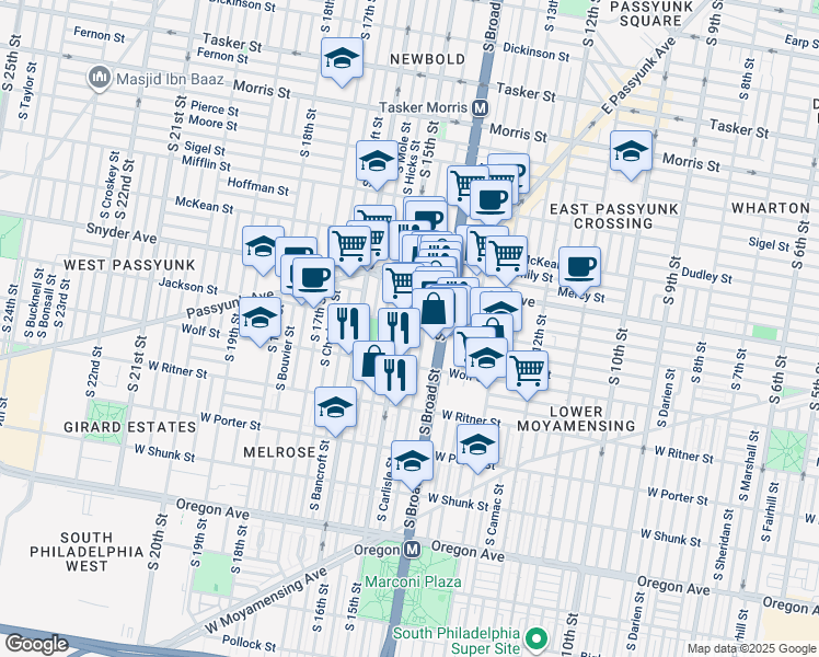 map of restaurants, bars, coffee shops, grocery stores, and more near 1430 Jackson Street in Philadelphia